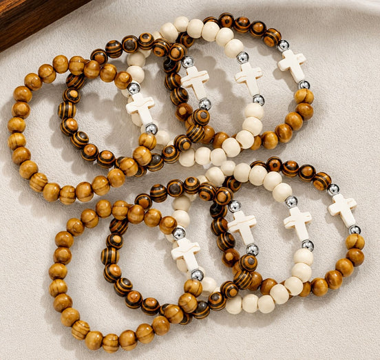 🧿 Pulseiras de Madeira com Cruz