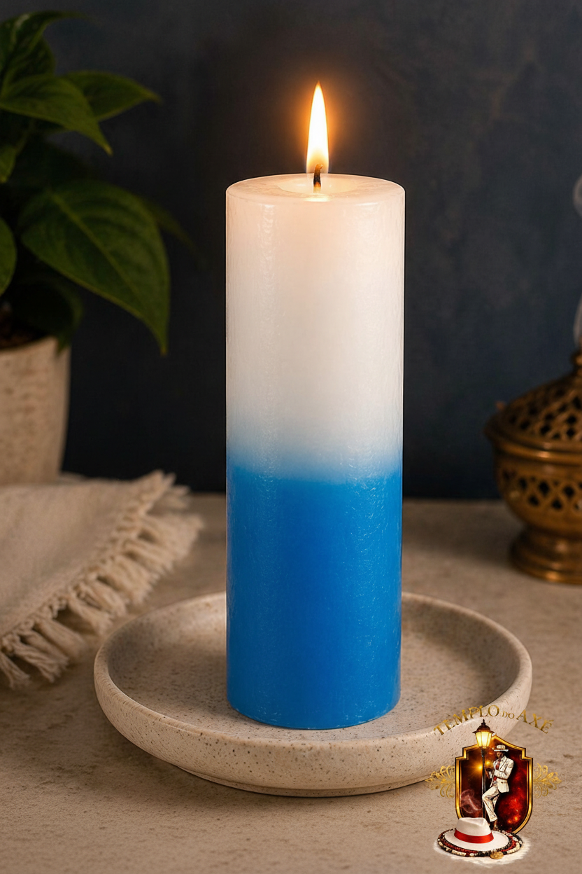 Vela azul com logo Templo do Axé