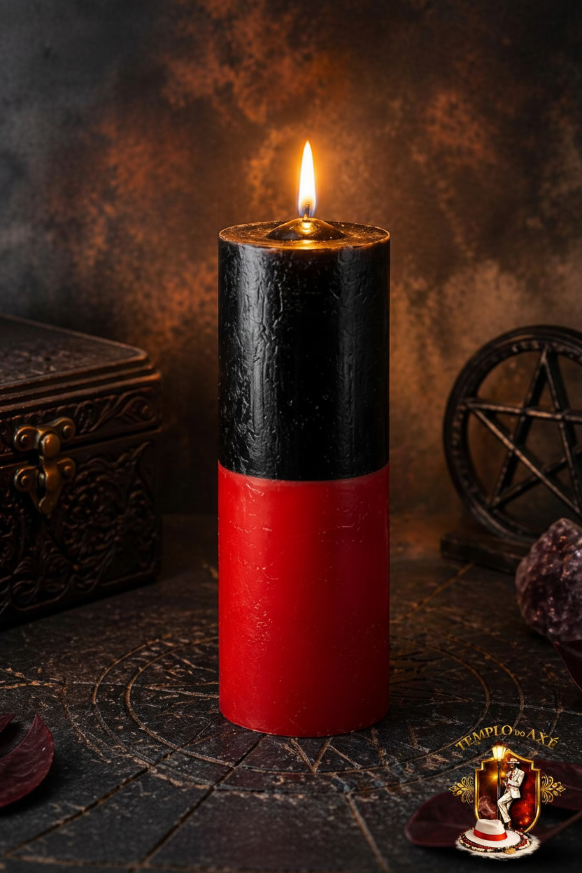 Vela preta e vermelha com logo Templo do Axé