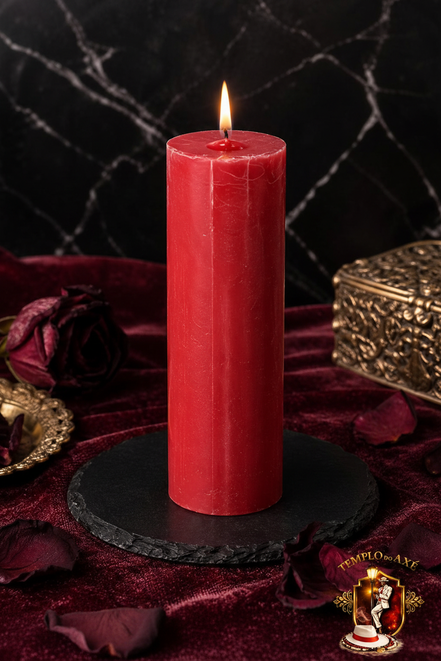 Rote Kerze mit dem Logo des Templo do Axé